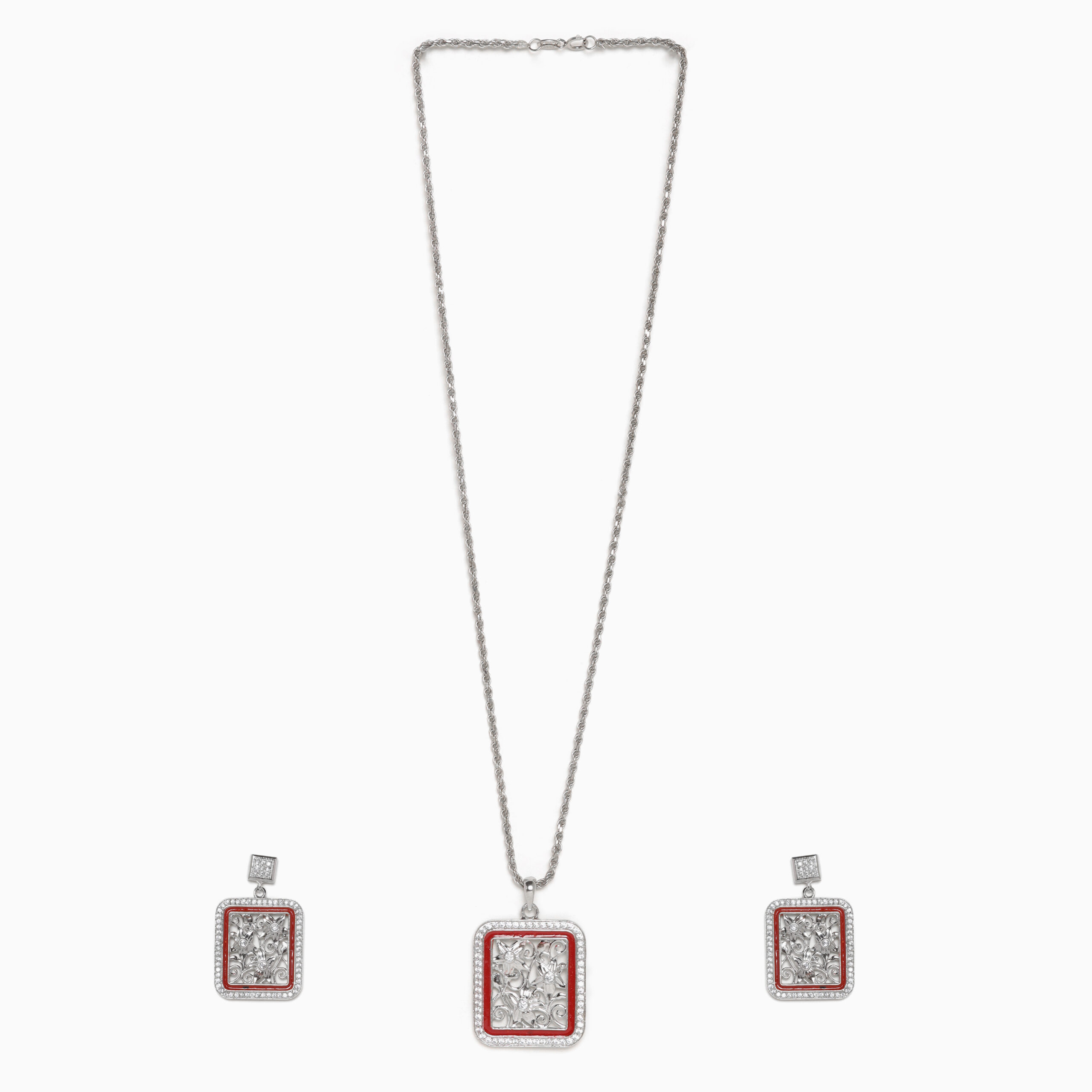Silk Intricate Red Art Deco Pendant Set With Dangle Earrings