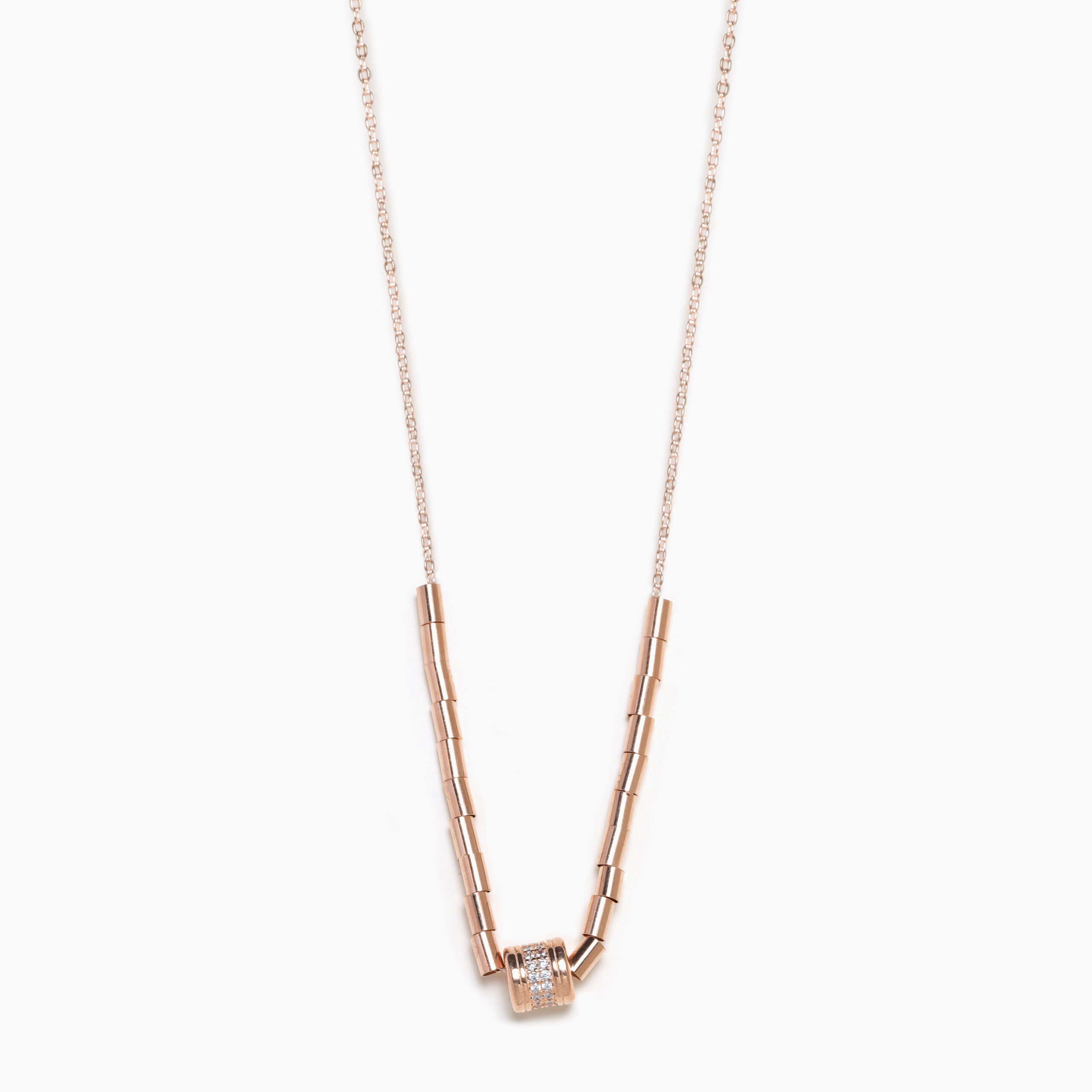 Silk Rose Gold Zircon Studded Drum Roller Pendant With Chain